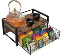 Tea Bag Organizer, Industrial Style Tea Station Chest Display Rack for Tea Bags, Coffee Pods, and Teaware, Rustic Wood & Metal Frame with Drawer for Office & Home (Rustic Brown, 2 Tier)