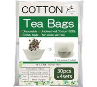Tea bags for loose leaf tea Cotton100% Empty Disposable Unbleached Strainer Filter Bags ECO 30pcs x 4sets (3.7 x 2.8Inch)