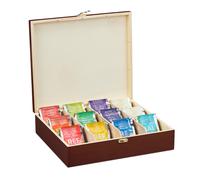 Relaxdays Tea Box, 12 Compartments, Organiser Chest, H x W x D: 7.5 x 29 x 26 cm, Wood, Brown