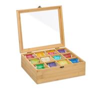 Tea Box Storage Teabag Holder Tin Container 12 Compartments Organiser Bamboo