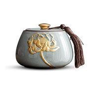 Tea Canister Ceramic Tea Storage Containers with Golden Lotus Pattern and Tassel Decoration, Vintage Chinese Style Jar Leaves Sealing Can for Chocolate, Sugar, Spices Tea Storage(Green-a)