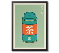 Tea Canister Poster, Retro Japanese Matchbox Artwork, Vintage Wall Art Print, A4 (Black Frame) - 32.7x24.1cm