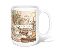 Tea Ceramic Coffee Mug, Cozy Vintage Books Flowers Fall Green Novelty Hot Chocolate Mug with Handle Ideal for Friends Family Coworkers Teachers Couples Employees 15 Oz