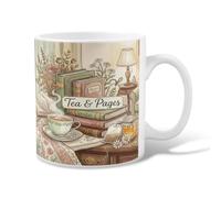 Tea Ceramic Coffee Mug, Cozy Vintage Books Flowers Fall Green Novelty Work Drinking Mugs with Handle Ideal for Friends Family Co-Worker Lovers Eldership Senior 11 Oz