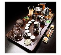 Tea Ceremony Set, Chinese Kung Fu Tea Set with Wooden Serving Tray and Drainage, Ceramic Tea Set with Automatic Water Heater