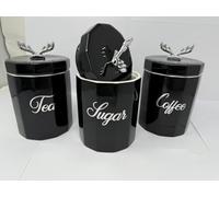Tea Coffee and Sugar Canisters Set with Reindeer Lid, 3 Pack Ceramic Kitchen Canisters, 15 x 8cm Versatile Coffee and Tea Storage Jars, Transparent Window Airtight Biscuit Container Set (Black)