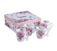 Tea Coffee Cup Mug Set 4 Ceramic Porcelain Bird Rose Butterfly Shabby Chic Design in Gift Box 330ML (1 Set)