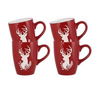 Tea/Coffee Mug Set of 4-300ml Hand Painted Red & White Reindeer Stoneware Crockery Dishwasher & Microwave Safe Christmas Reindeer Dinnerware Set