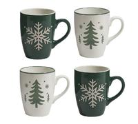 Tea/Coffee Mug Set of 4 Green & White 300ml Snowflake & Christmas Tree Cups | Dishwasher Safe, Microwave Safe, Hand Finished, Snowflake Print, Christmas Tree Print