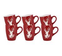 Tea/Coffee Mug Set of 6-300ml Hand Painted Red & White Reindeer Stoneware Crockery Dishwasher & Microwave Safe Christmas Reindeer Dinnerware Set