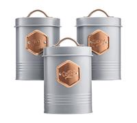 Cooks Professional 3 Piece Tea Coffee Sugar Cannister Set | Labelled Storage Tins | Containers with Airtight Lids | Canisters for Kitchen Accessories & Essentials | Grey & Copper