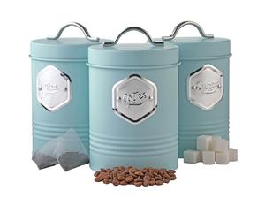 Tea Coffee & Sugar Canister 3pc Set Kitchen Countertop Storage Bin Blue & Silver