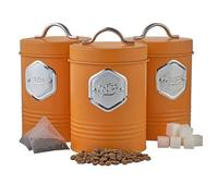 Tea Coffee & Sugar Canister 3pc Set Kitchen Countertop Storage Bin Orange/Silver