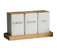 Tea Coffee Sugar Canister Set with Tray, 3Pcs Set, Iron Tea and Coffee Jars with Bamboo Lid, Multi-Purpose, Coffee Sugar Tea Containers for Kitchen Countertop Decor, White
