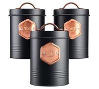 Tea Coffee & Sugar Canisters Bin Jar Storage 3pc Black/Copper Cooks Professional