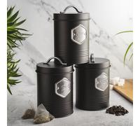 Tea Coffee & Sugar Canisters Bin Jar Storage 3pc Black/Silver Cooks Professional