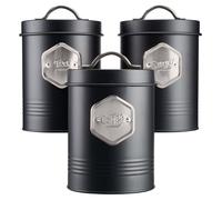 Tea Coffee & Sugar Canisters Bin Jar Storage 3pc Black/Silver Cooks Professional