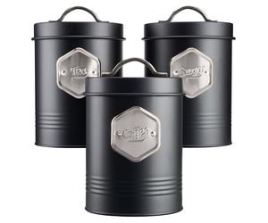 Tea Coffee & Sugar Canisters Bin Jar Storage 3pc Black/Silver Cooks Professional