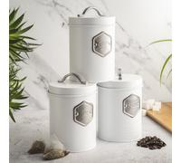 Tea Coffee & Sugar Canisters Bin Jar Storage 3pc White/Silver Cooks Professional