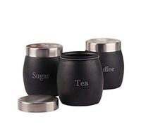 Tea Coffee Sugar Canisters,Storage Set of 3 Barrel Style,Stainless Steel Rust Resistant,Powder Coated Ideal for Kitchen Storage Coffee Granules, Tea Leaves & Bags & Sugar Cubes (Black)