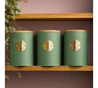 Cooks Professional 3 Piece Ribbed Tea, Coffee, & Sugar Cannisters with Air-Tight Bamboo Lids | Stainless Steel Kitchen Storage Bin Set | Modern & Stylish | Green & Gold