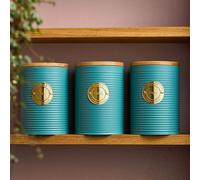 Cooks Professional 3 Piece Ribbed Tea, Coffee, & Sugar Cannisters with Air-Tight Bamboo Lids | Stainless Steel Kitchen Storage Bin Set | Modern & Stylish | Teal & Gold