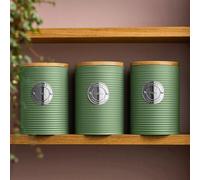 Cooks Professional 3 Piece Ribbed Tea, Coffee, & Sugar Cannisters with Air-Tight Bamboo Lids | Stainless Steel Kitchen Storage Bin Set | Modern & Stylish | Green & Silver