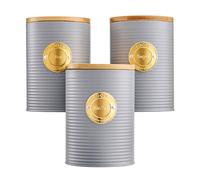 Cooks Professional 3 Piece Ribbed Tea, Coffee, & Sugar Cannisters with Air-Tight Bamboo Lids | Stainless Steel Kitchen Storage Bin Set | Modern & Stylish | Grey & Gold