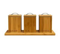 Tea Coffee Sugar Jars Canisters with Lids & Tray, Kitchen Organiser Set Wooden Kitchen Canister Set with Stylish Lid Wood Organiser Camper Van Camping Sachet Teabag Sugar Organizer Storage jars