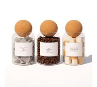 Tea Coffee Sugar Jars Set with Cork Lids and Sticker Labels - 3X Small Modern Glass Kitchen Food Storage Canister Container Caddy Biscuit Tin Sweet Pot Set with Wooden Lid - by Argon Tableware
