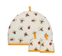 Tea Cosy and Egg Cosy Set of 3 - One Tea Cosy with Two Egg Cosies, Brown Bee & Ladybug Print, 100% Cotton Teapot Insulated Cover, Cute Breakfast Kitchen Accessories