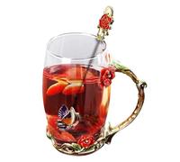 Tea Cup - 350ml Coffee Mugs, Portable Coffee Cup for Women, Floral Pattern Drinking Cup and Spoon for Women | Sturdy Elegant Glass Cup Spoon Set for Grandma, Mother, Wife, Girlfriend, Schwes