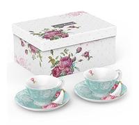Tea Cup and Saucer Set 2 Afternoon Tea Set New Bone China Vintage Flora Gift Box 200m (Turquoise) London Boutique Turquoise One Size