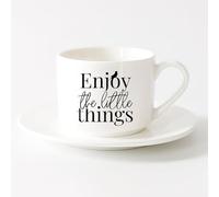 Tea Cup Enjoy The Little Things Inspirational Quote （6oz/175ml） for Coffee, Soup, Tea, Milk, Latte, hot Cocoa, Ladies, Men，Sets Tea Cup with Saucers (White)