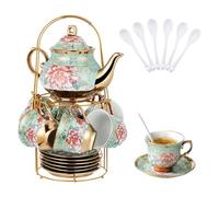 Tea Cup Set with Metal Holder and Saucer,20PCS European Ceramic Tea Sets for Adults,Flower Tea Cup Saucer Set of 6,700ML Teapot,160ML Teacup with Gold Flower Painting for Women Tea Party Wedding