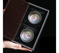 Tea Cup Sets 2Pcs Jianzhan Tea Cup Set Kung Fu Ceramic Inlaid Silver Bowl Teacup Colorful Tianmu Master Box Afternoon Tea Set(B)