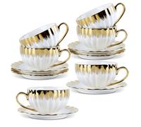 Tea Cups and Saucers, Set of 6 (200 ml) with Gold Rim, Porcelain Cappuccino Cup Set, Mocha Cups, Ceramic Espresso Cup, Coffee Service, White Cup