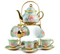 Tea Cups and Saucers Set of 6, Porcelain Tea Set with Metal Stand, 700ML Teapot,160ML Teacup, European Ceramic Tea Sets for Adults Women Tea Party, Wedding Gift, 20-Piece