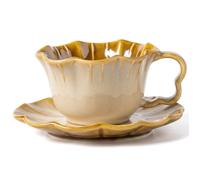 Tea Cups and Saucers, Vintage Petal Shaped Coffee Cup with Saucer, Yellow | Cute Floral Shape, Retro Kiln-Glazed Look, Great for Afternoon Tea or Holiday
