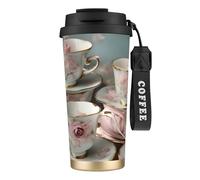 Tea Cups with Roses Romantic Double Wall Stainless Steel Vacuum Insulated Travel Mug with Splash-Proof Lid Perfect for Camping & On-The-Go