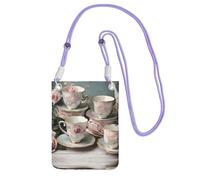Tea Cups With Roses Romantic Print Carry A Mobile Phone Bag Diagonally, Multi-Functional Small Purse For Coins And Cellphone