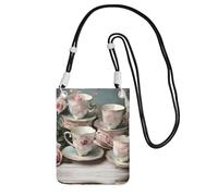 Tea Cups With Roses Romantic Print Carry A Mobile Phone Bag Diagonally, Multi-Functional Small Purse For Coins And Cellphone