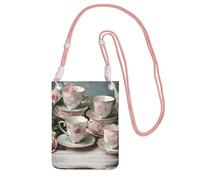 Tea Cups With Roses Romantic Print Carry A Mobile Phone Bag Diagonally, Multi-Functional Small Purse For Coins And Cellphone