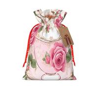 (Tea Cups with Roses Romantic Shabby) Large Reusable Burlap Pouches Rustic Wedding Favor Xmas Bags Drawstring Gift Sacks Bulk Party. S Size