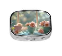Tea Cups with Roses Romantic Shabby Mini Pill Box Metal Travel Medicine Organizer with 2 Compartments Pocket-Sized Pill Container