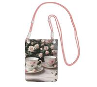 Tea Cups With Roses Romantic Shabby Print Carry A Mobile Phone Bag Diagonally, Multi-Functional Small Purse For Coins And Cellphone