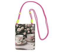 Tea Cups With Roses Romantic Shabby Print Carry A Mobile Phone Bag Diagonally, Multi-Functional Small Purse For Coins And Cellphone