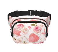 Tea Cups with Roses Romantic Shabby Print Men and Women Square Double Layer Waist Bag Workout Crossbody Travel Waist Bag, Black, One Size
