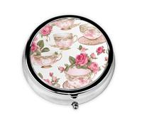 Tea Cups with Roses Romantic Shabby Print Mini Metal Pill Box 2.0x2.0x0.7 in Round Travel Medicine Pill Organizer Box for Purse Pocket
