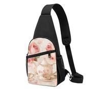 Tea Cups with Roses Romantic Shabby Printed Chest Bag Sling Bag for Men Women, Outdoor Crossbody Fanny Packs Hiking Chest Packs Sport Daypacks